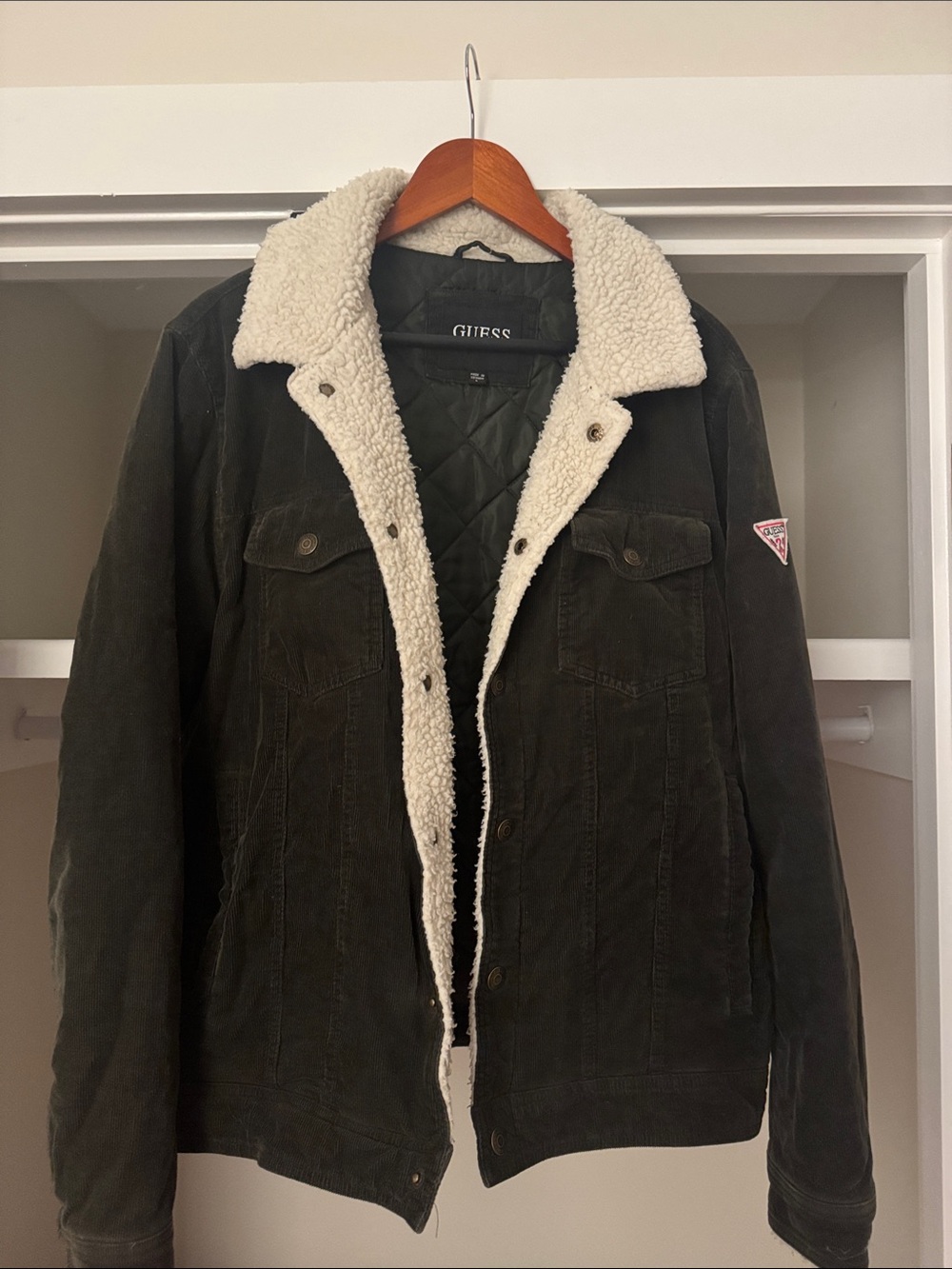 GUESS Olive Green Sherpa-Trim Bomber Jacket